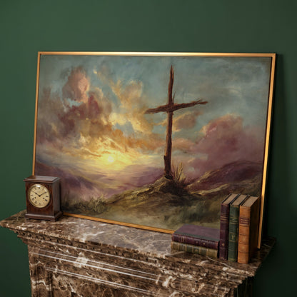 Wooden Cross on a Hill at Sunset, Canvas Wall Art in antique gold floating frame