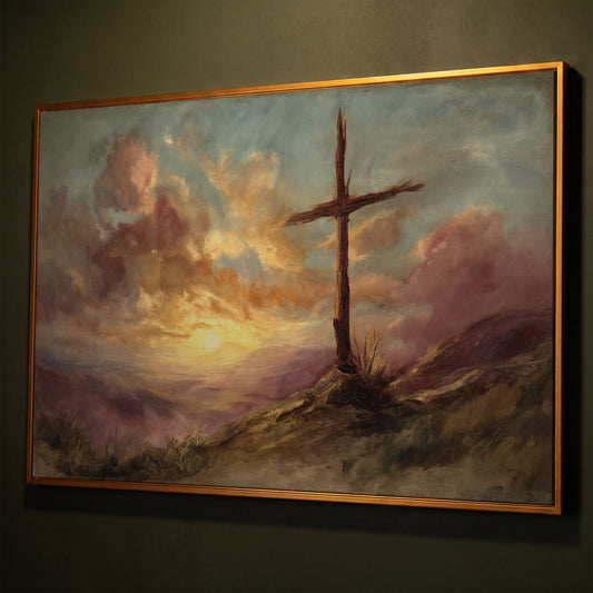 Wooden Cross on a Hill at Sunset, Canvas Wall Art shown in antique gold floating frame