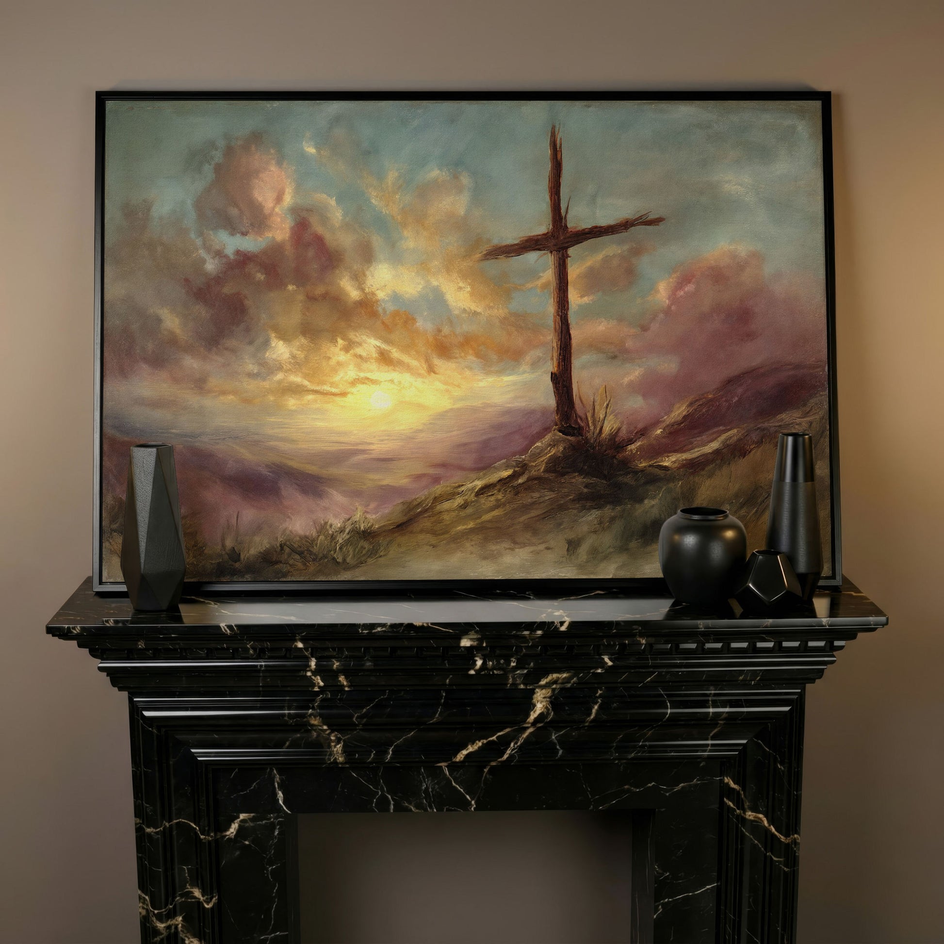Wooden Cross on a Hill at Sunset, Canvas Wall Art in black floating frame