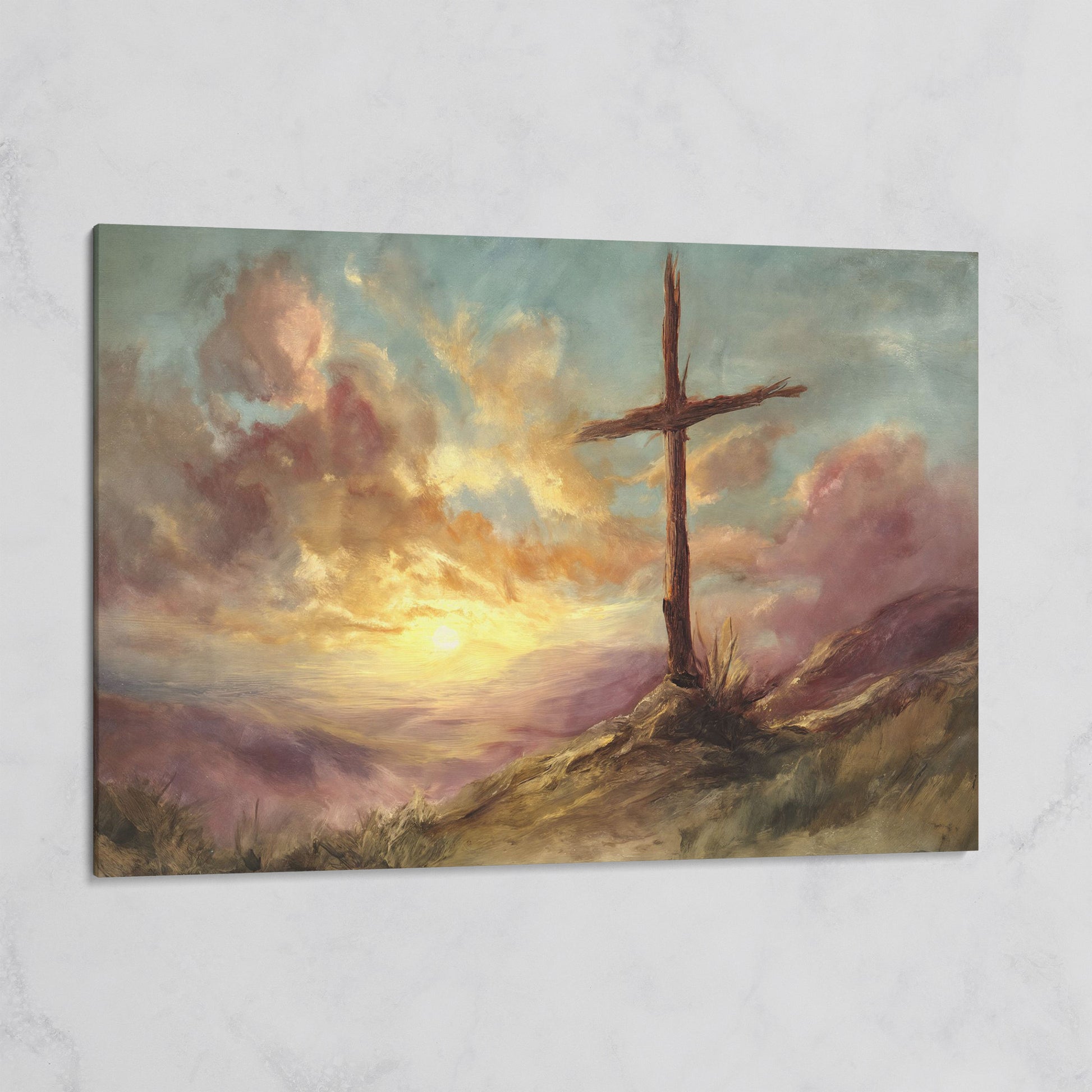 Wooden Cross on a Hill at Sunset, Canvas Wall Art on gallery wrap
