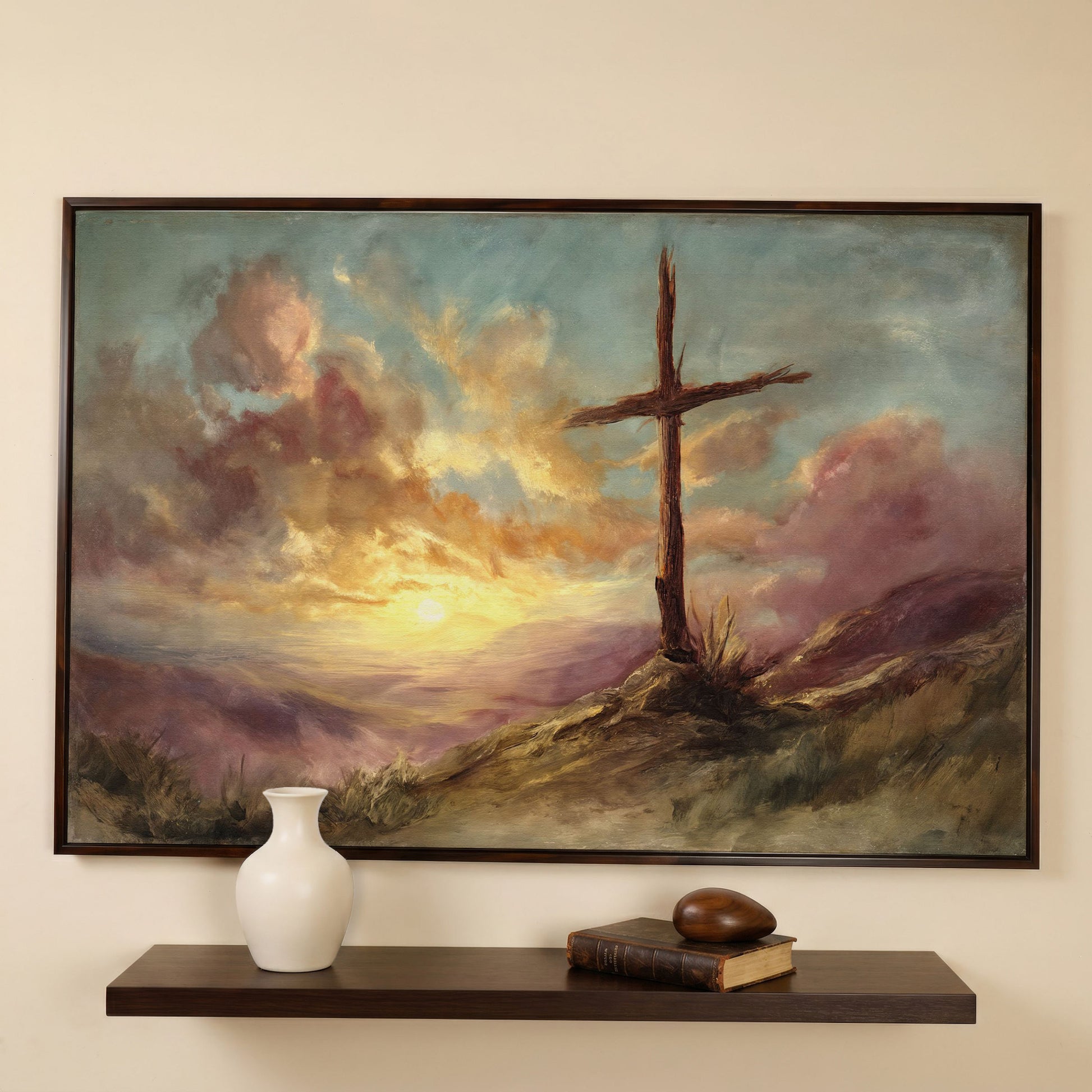 Wooden Cross on a Hill at Sunset, Canvas Wall Art in dark walnut floating frame
