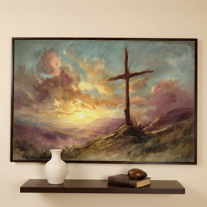 Wooden Cross on a Hill at Sunset, Canvas Wall Art in dark walnut floating frame