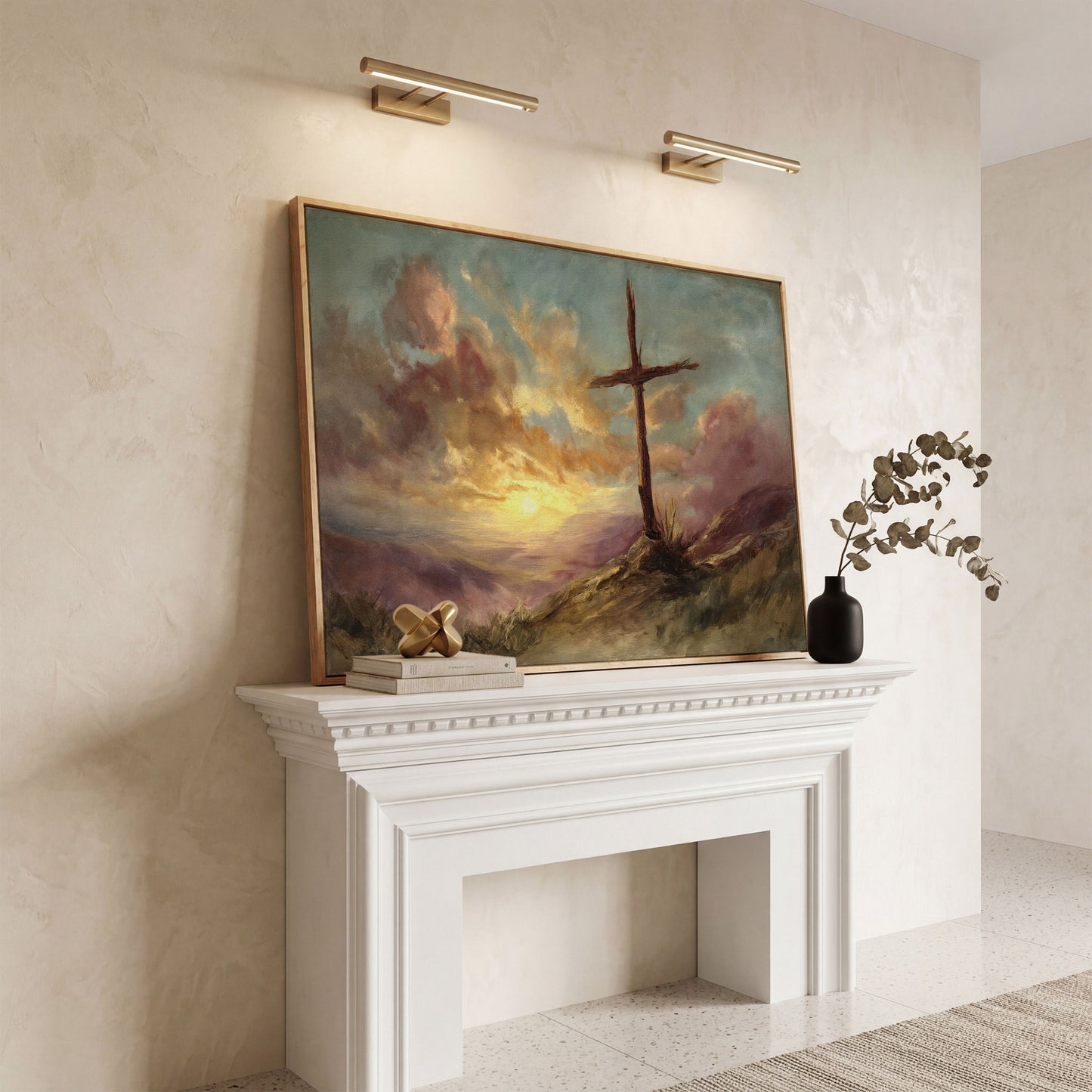 Wooden Cross on a Hill at Sunset, Canvas Wall Art in white oak floating frame