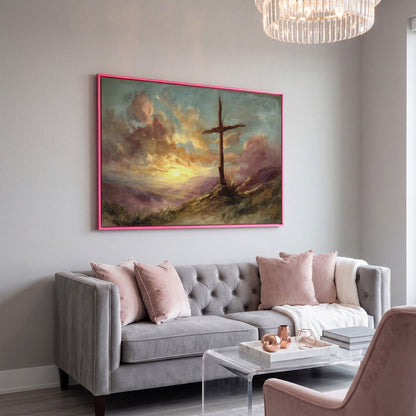 Wooden Cross on a Hill at Sunset, Canvas Wall Art in pink floating frame