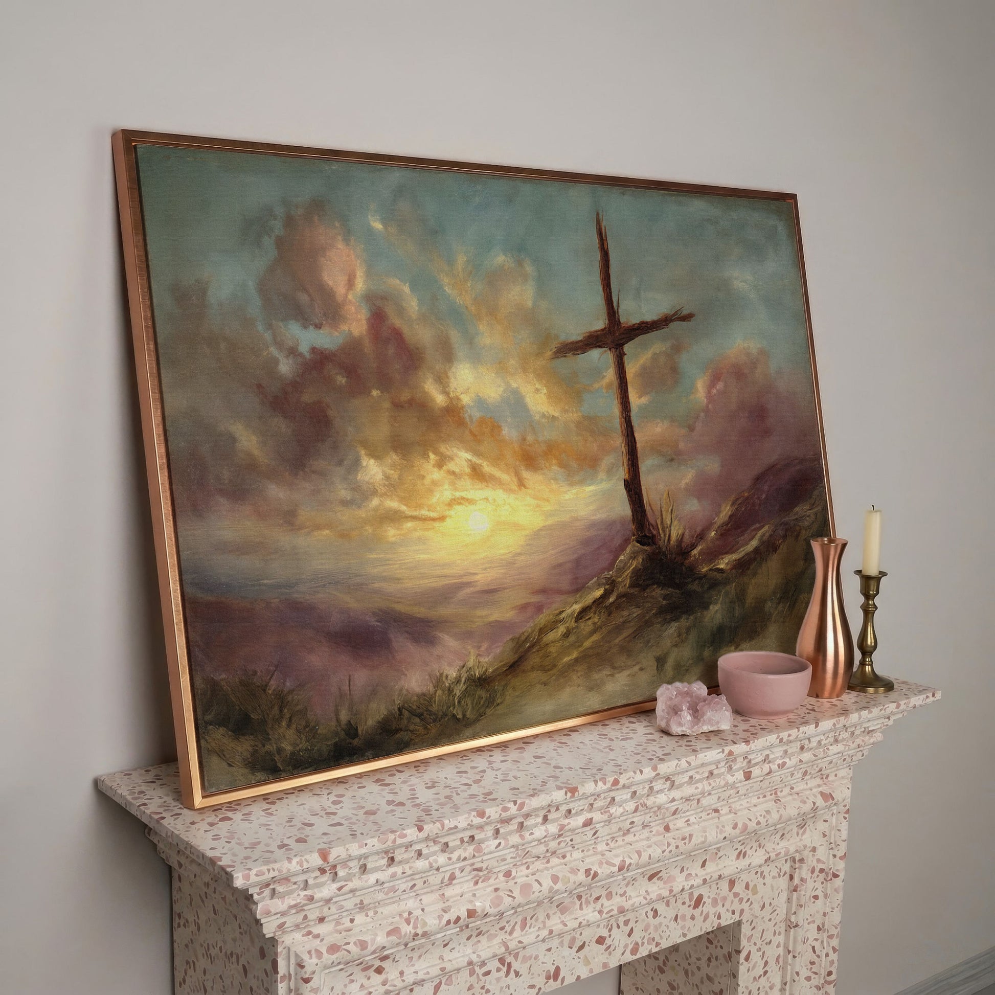 Wooden Cross on a Hill at Sunset, Canvas Wall Art in rose gold floating frame