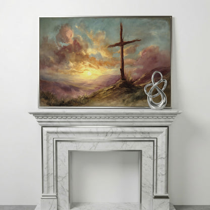 Wooden Cross on a Hill at Sunset, Canvas Wall Art in silver floating frame