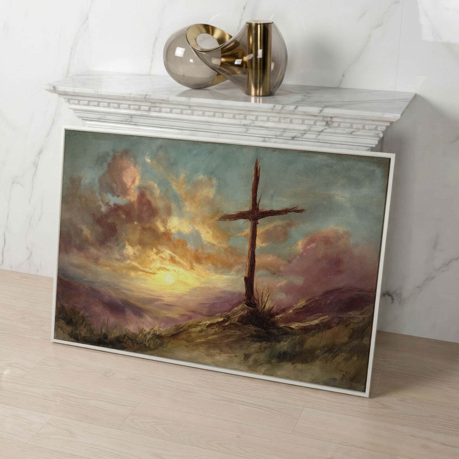 Wooden Cross on a Hill at Sunset, Canvas Wall Art in white floating frame