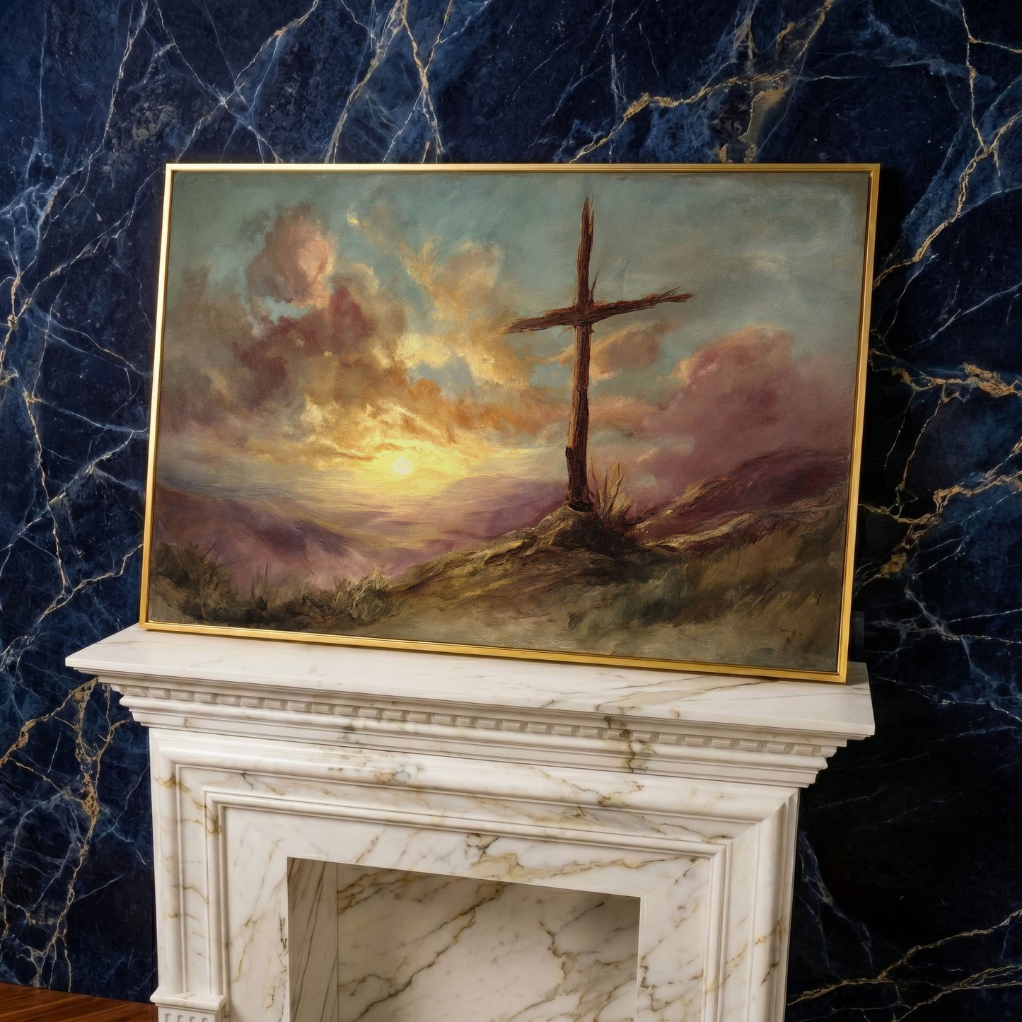 Wooden Cross on a Hill at Sunset, Canvas Wall Art in yellow gold floating frame