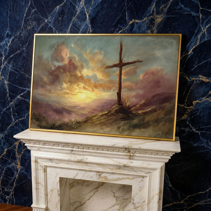 Wooden Cross on a Hill at Sunset, Canvas Wall Art in yellow gold floating frame