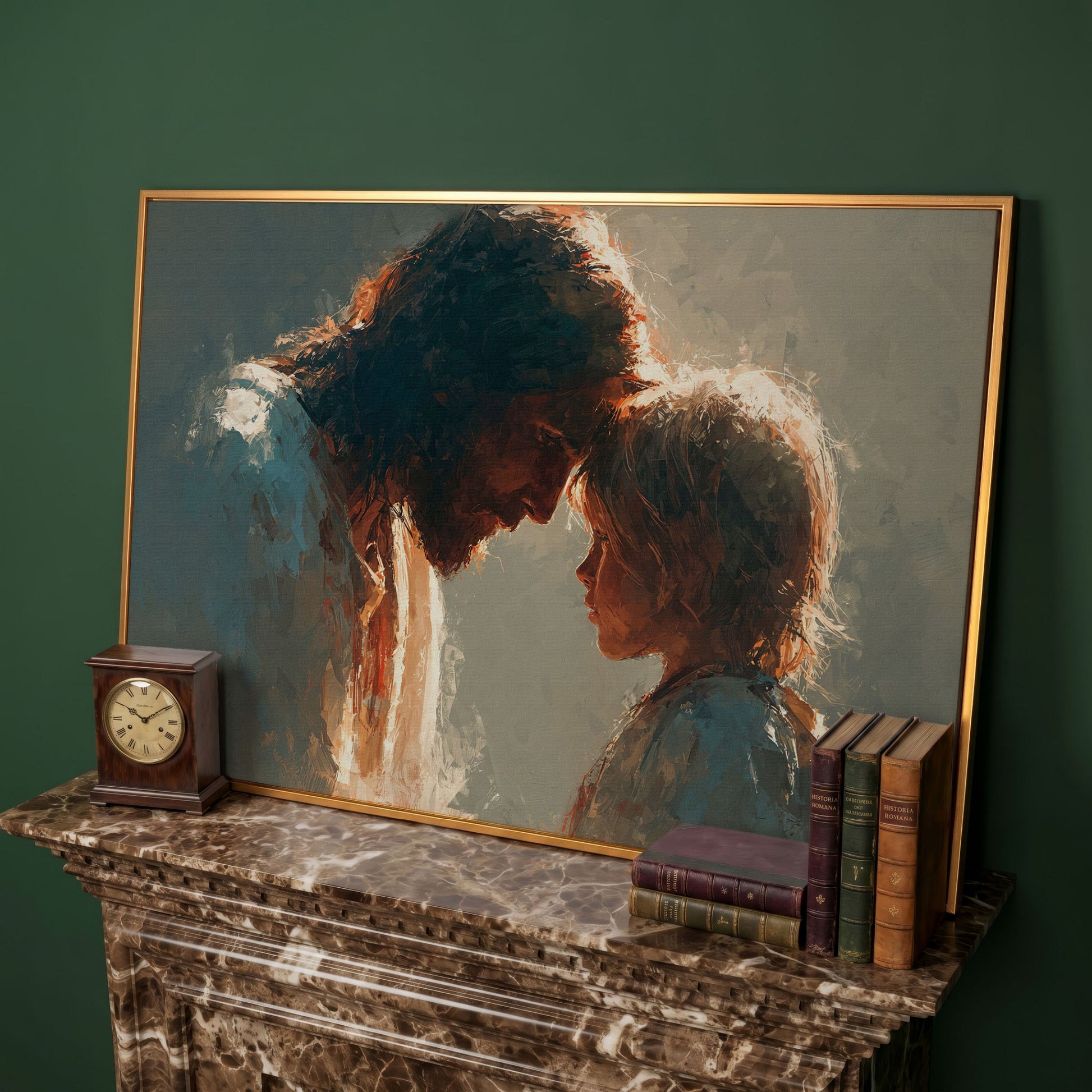 Jesus and Child Canvas Art, Tender Moment Wall Print in antique gold floating frame