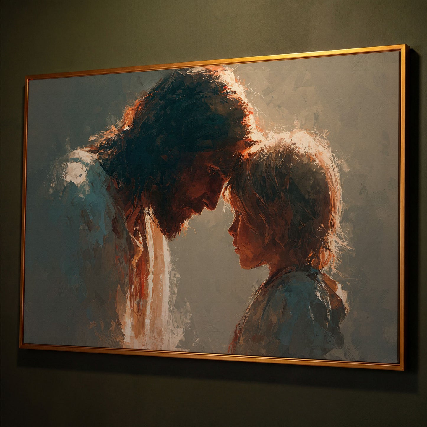 Jesus and Child Canvas Art, Tender Moment Wall Print shown in antique gold floating frame
