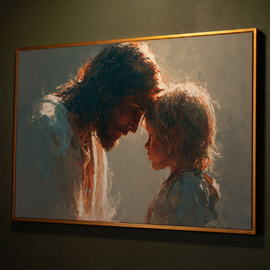 Jesus and Child Canvas Art, Tender Moment Wall Print shown in antique gold floating frame