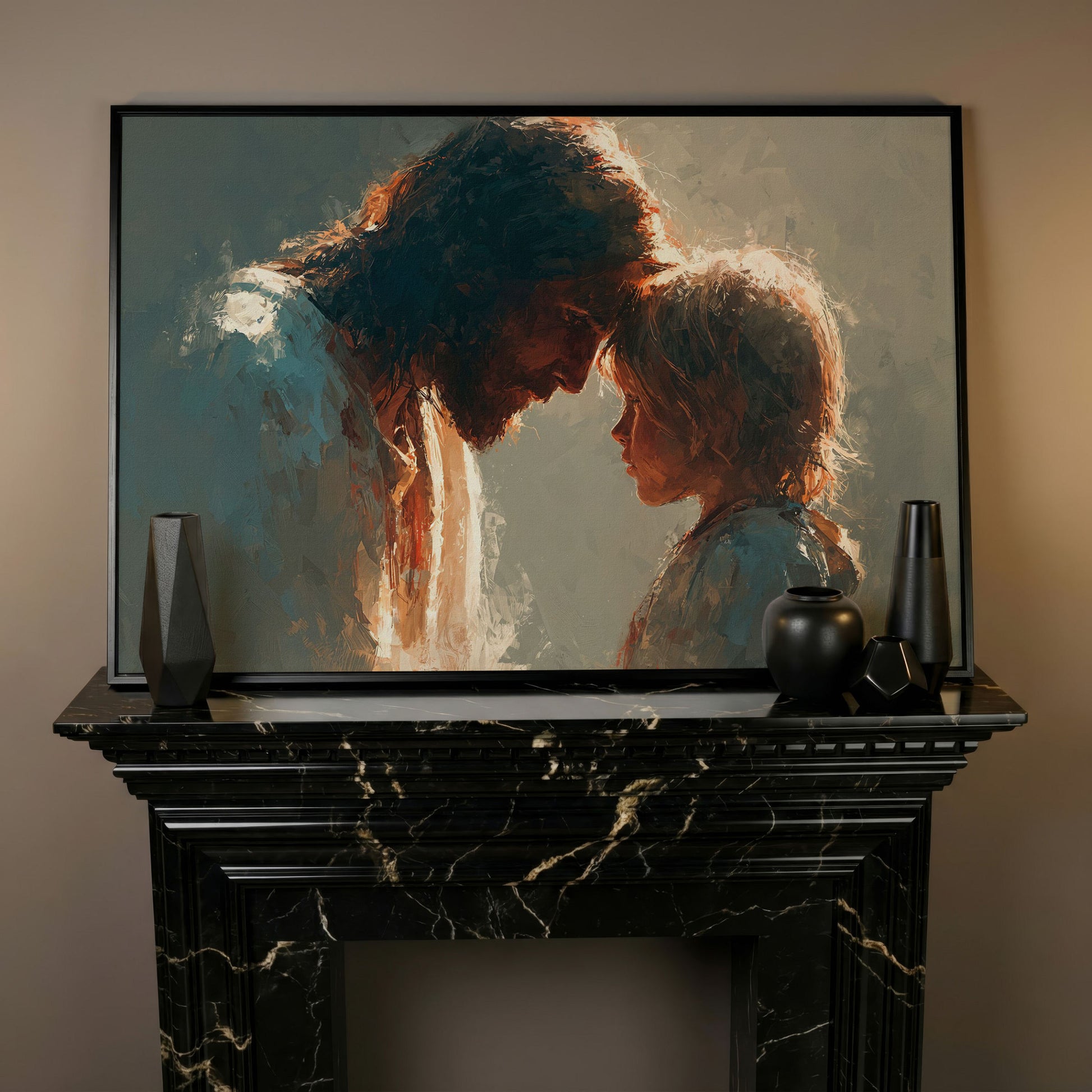 Jesus and Child Canvas Art, Tender Moment Wall Print in black floating frame