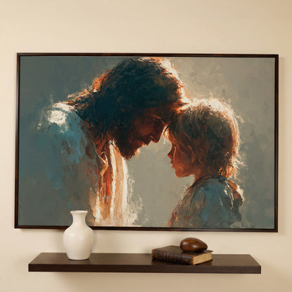 Jesus and Child Canvas Art, Tender Moment Wall Print in dark walnut floating frame