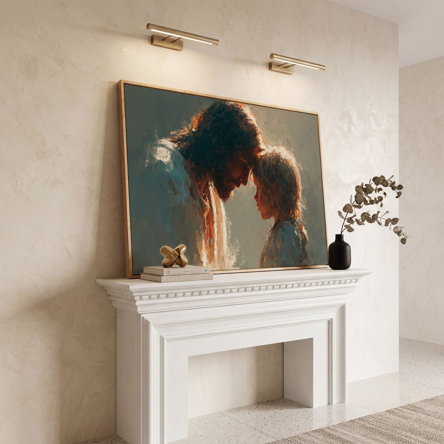 Jesus and Child Canvas Art, Tender Moment Wall Print in white oak floating frame