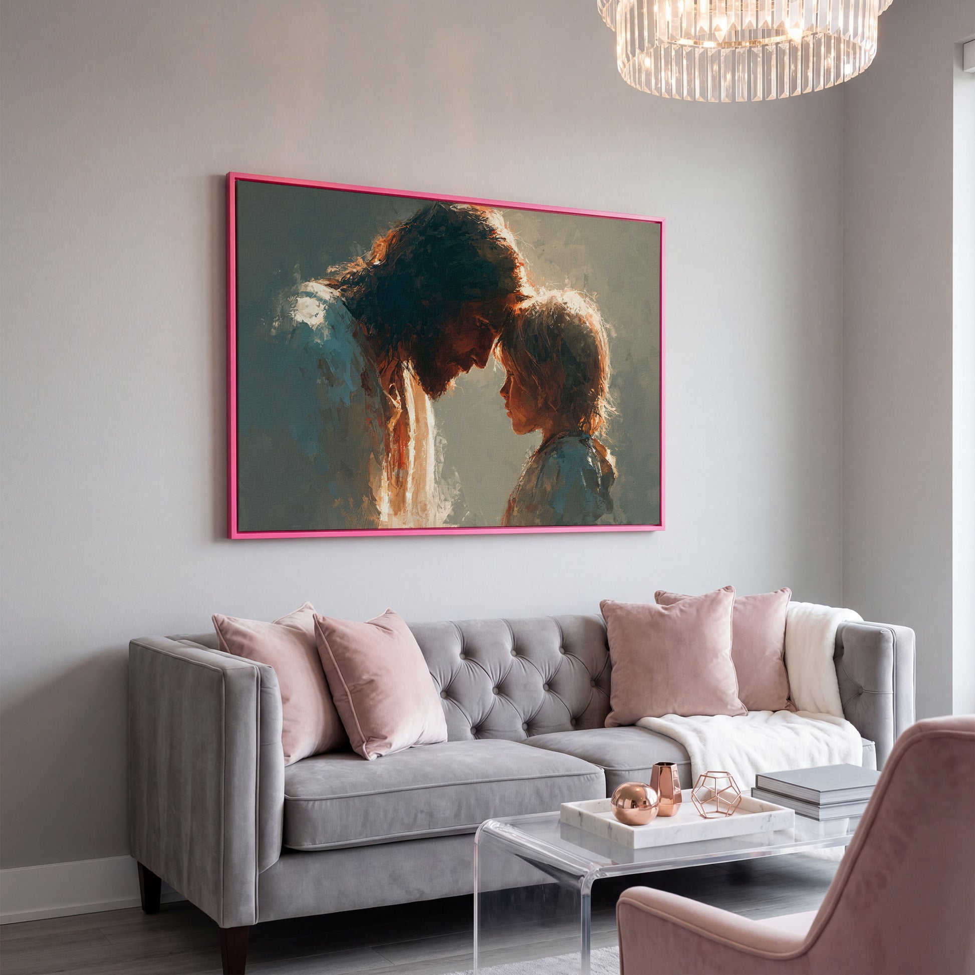 Jesus and Child Canvas Art, Tender Moment Wall Print in pink floating frame