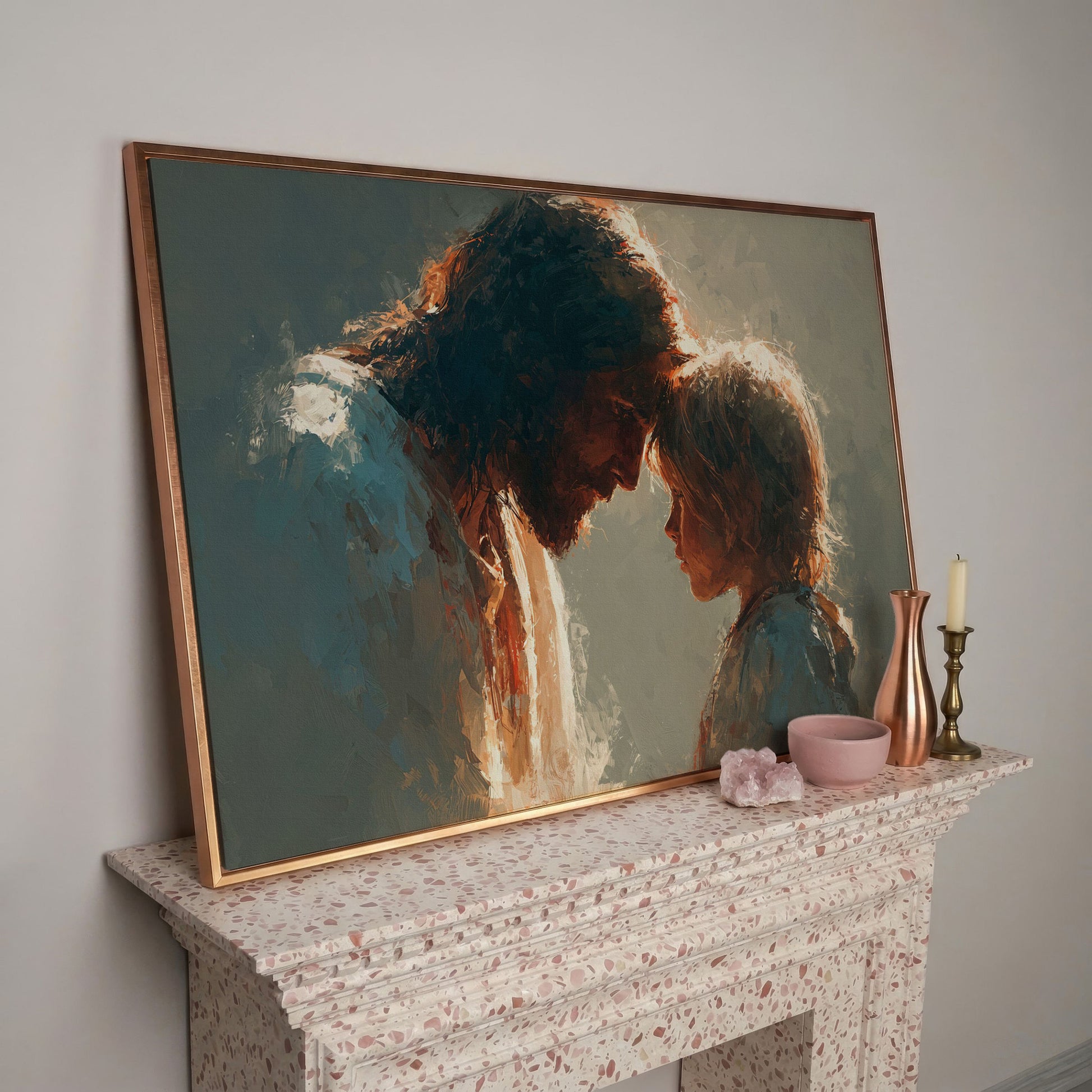 Jesus and Child Canvas Art, Tender Moment Wall Print in rose gold floating frame