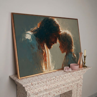Jesus and Child Canvas Art, Tender Moment Wall Print in rose gold floating frame