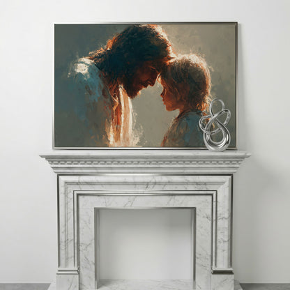 Jesus and Child Canvas Art, Tender Moment Wall Print in silver floating frame