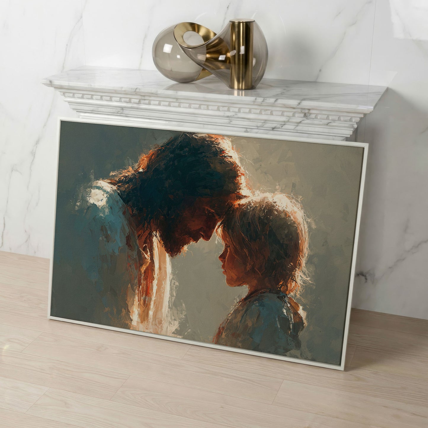 Jesus and Child Canvas Art, Tender Moment Wall Print in white floating frame