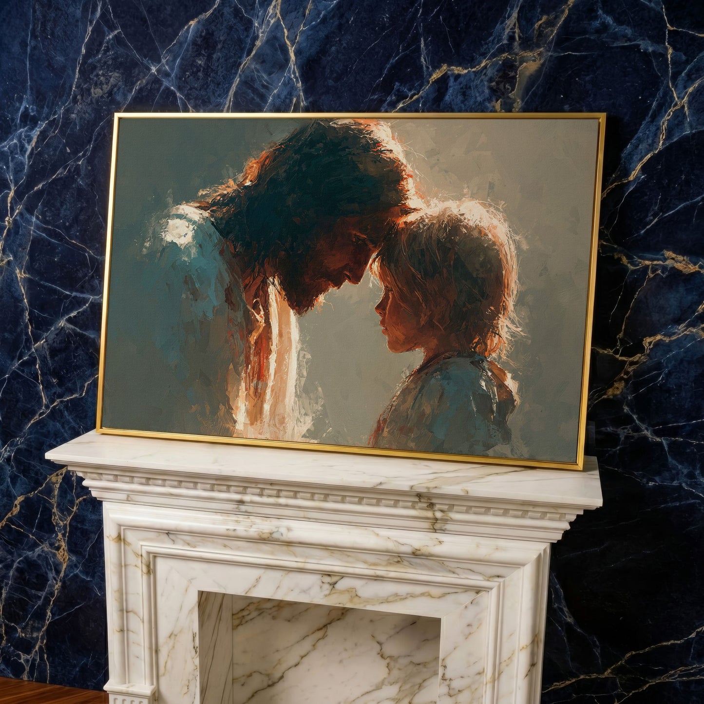 Jesus and Child Canvas Art, Tender Moment Wall Print in yellow gold floating frame