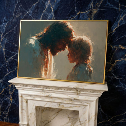 Jesus and Child Canvas Art, Tender Moment Wall Print in yellow gold floating frame