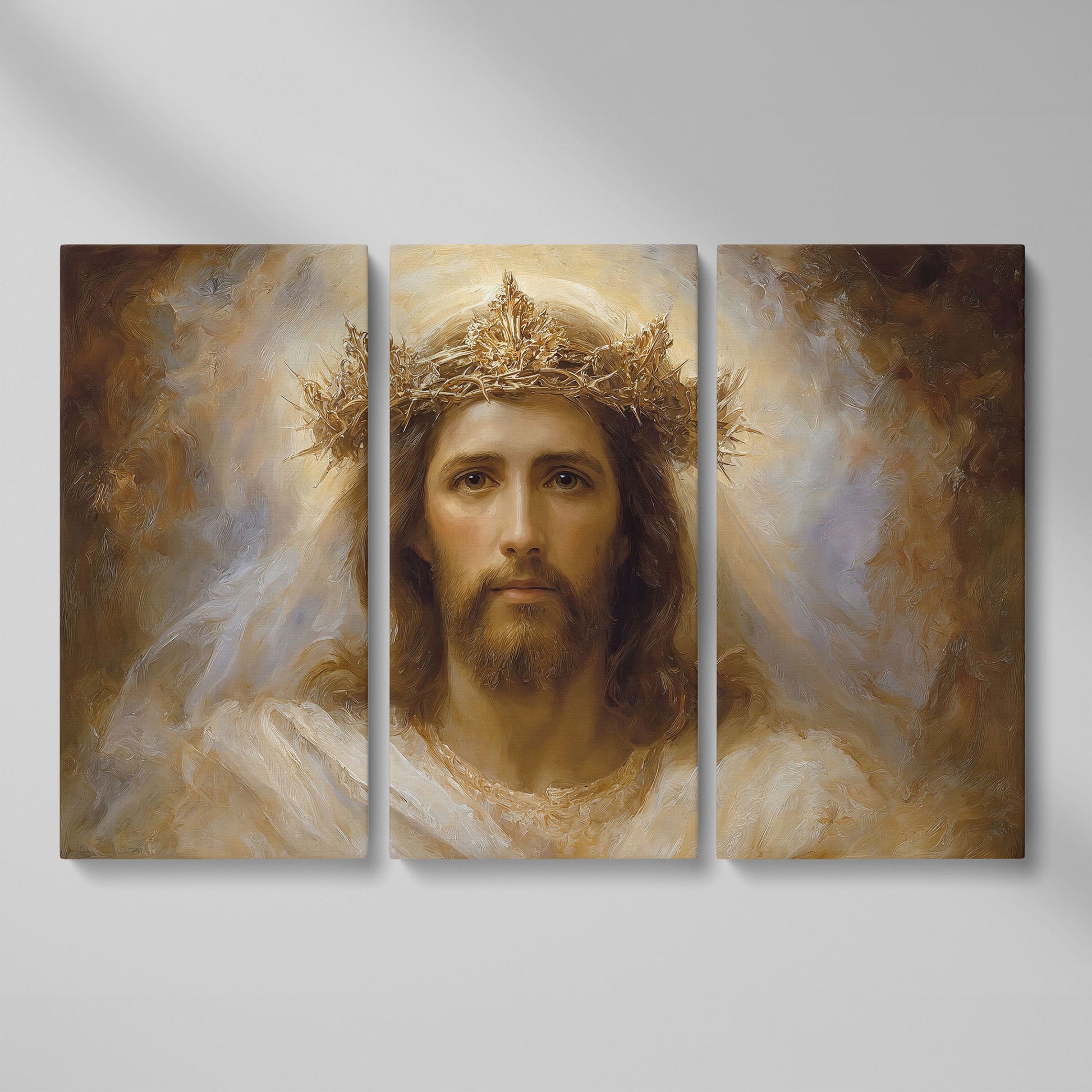 Jesus Christ Crown of Thorns Portrait Canvas Wall Art as 3-panel split version
