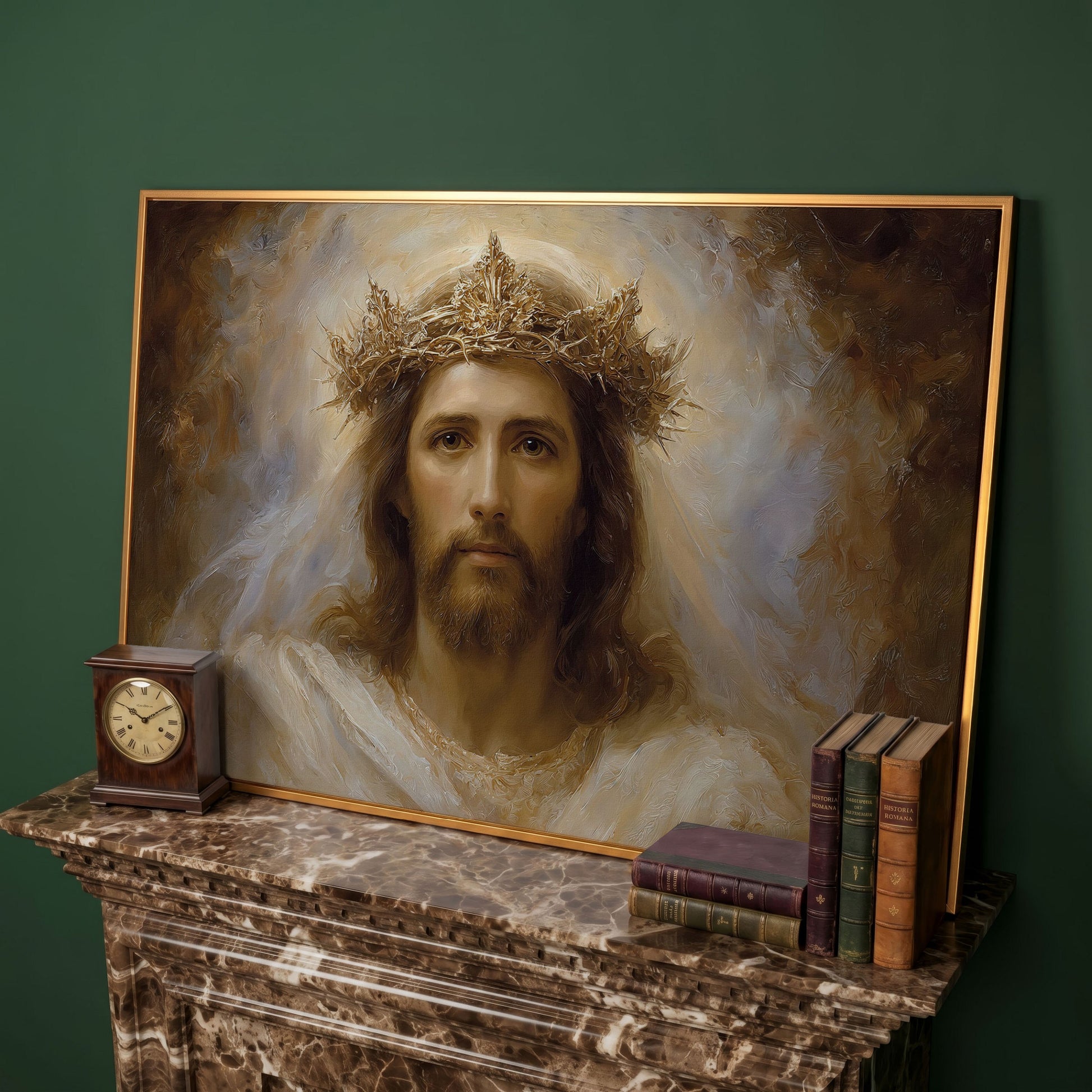 Jesus Christ Crown of Thorns Portrait Canvas Wall Art in antique gold floating frame