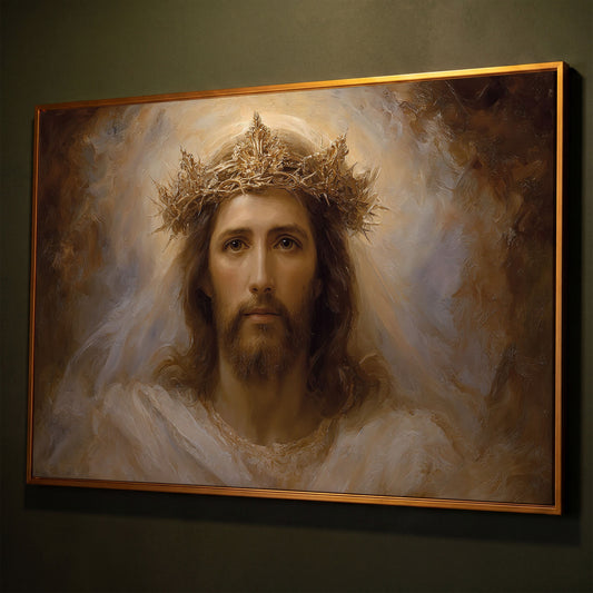 Jesus Christ Crown of Thorns Portrait Canvas Wall Art shown in antique gold floating frame