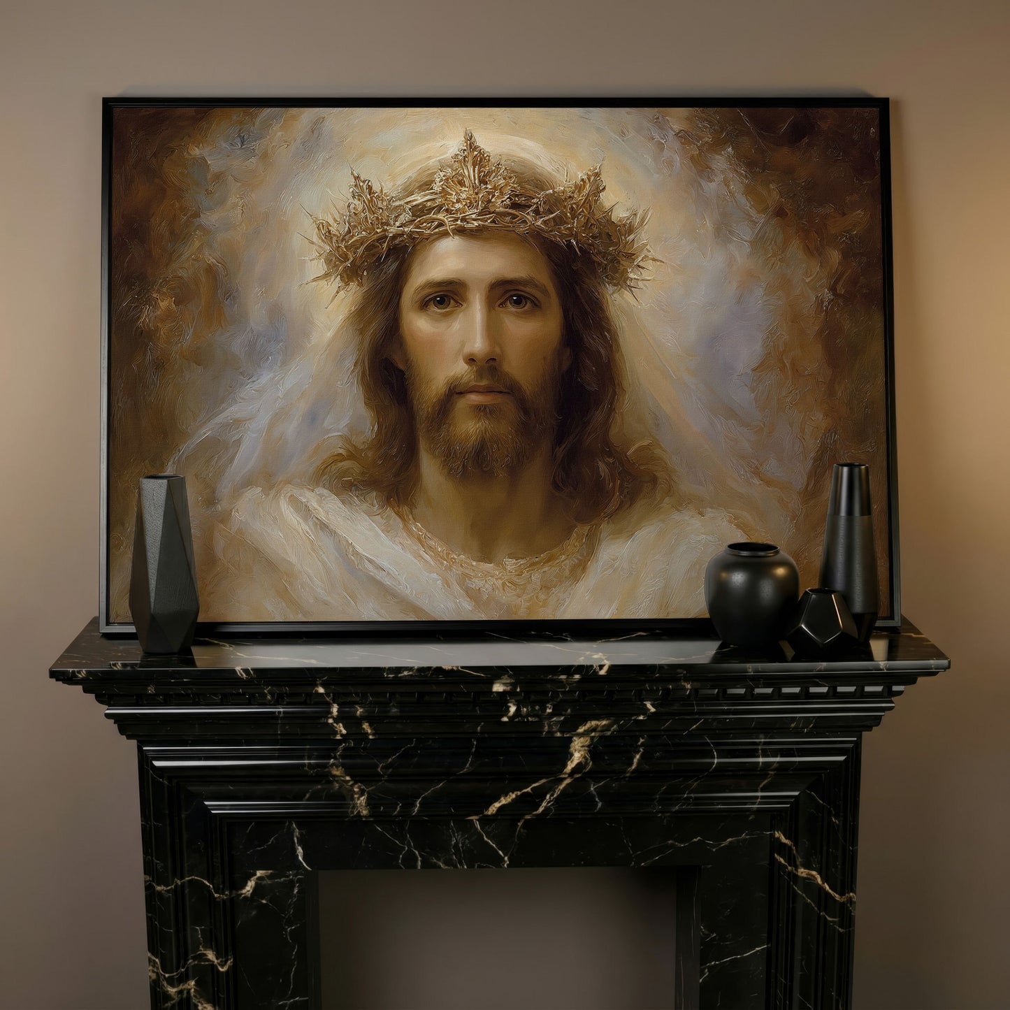 Jesus Christ Crown of Thorns Portrait Canvas Wall Art in black floating frame