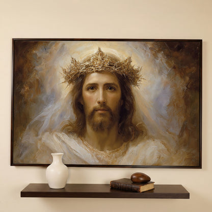 Jesus Christ Crown of Thorns Portrait Canvas Wall Art in dark walnut floating frame