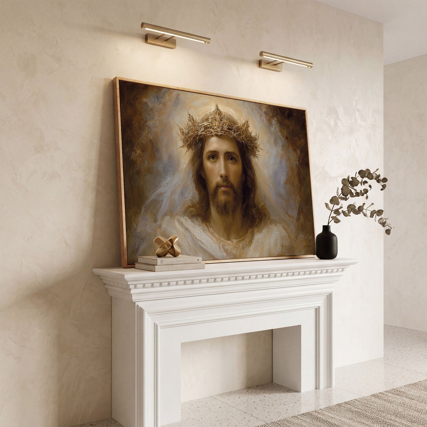 Jesus Christ Crown of Thorns Portrait Canvas Wall Art in white oak floating frame