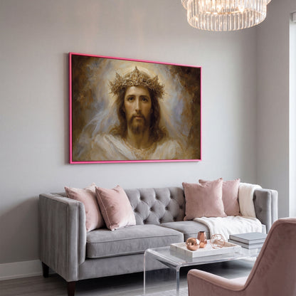Jesus Christ Crown of Thorns Portrait Canvas Wall Art in pink floating frame