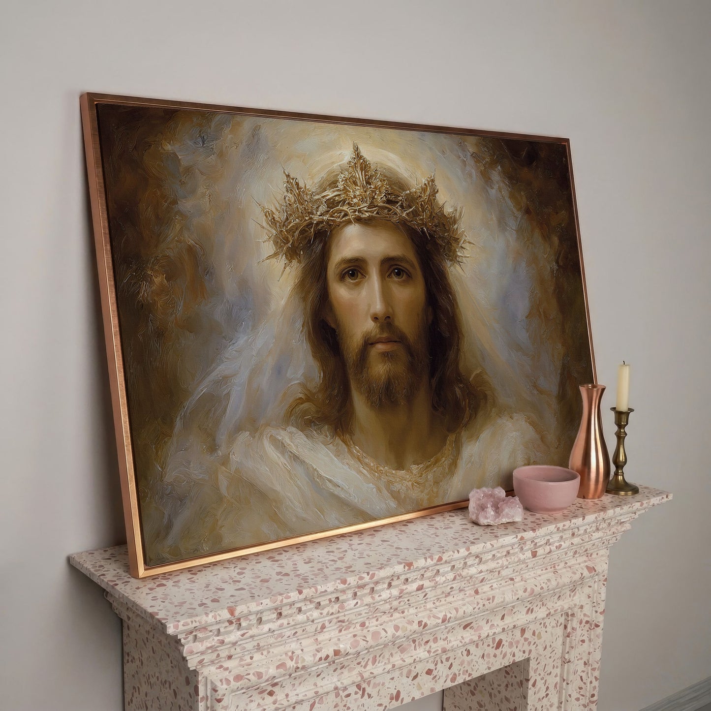 Jesus Christ Crown of Thorns Portrait Canvas Wall Art in rose gold floating frame