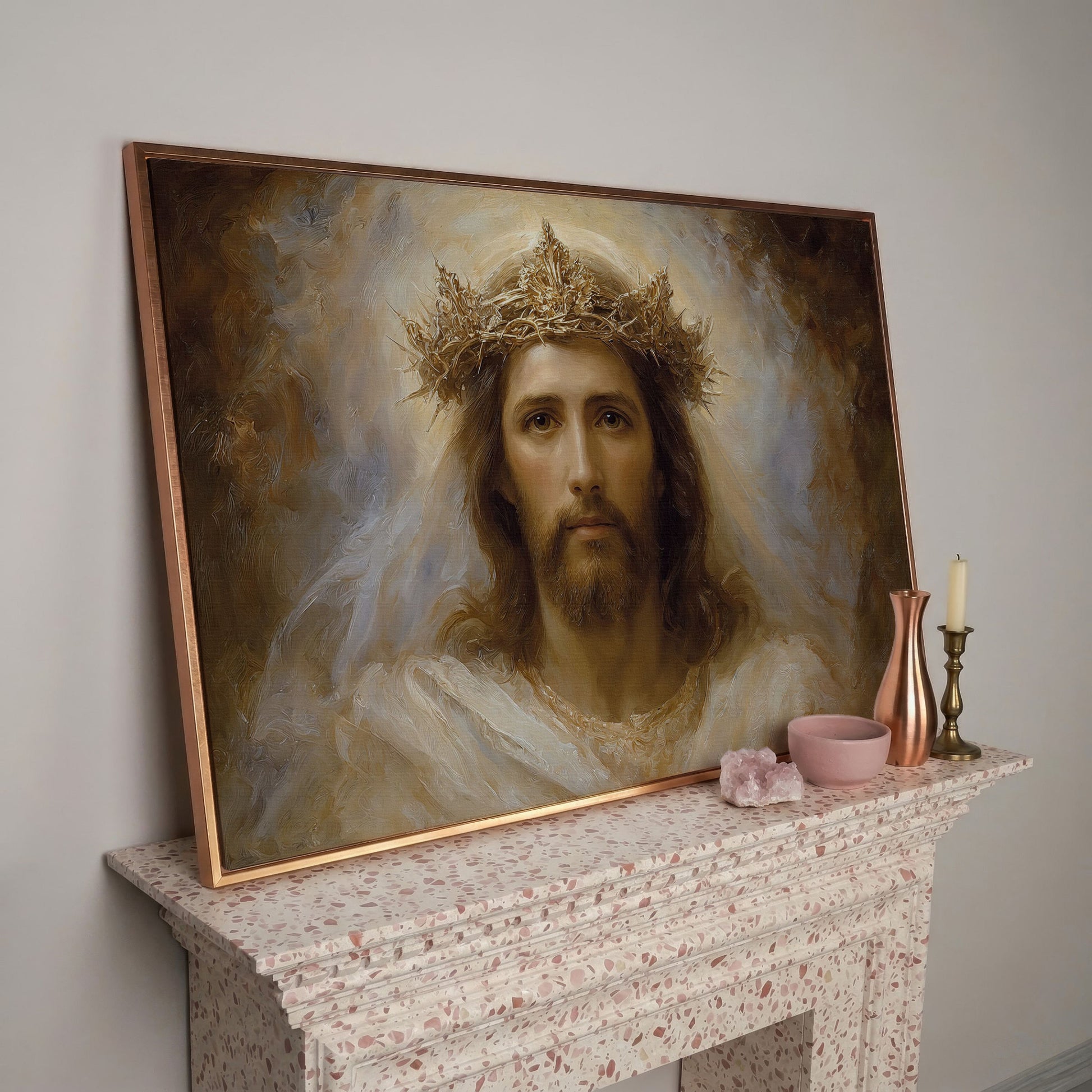 Jesus Christ Crown of Thorns Portrait Canvas Wall Art in rose gold floating frame