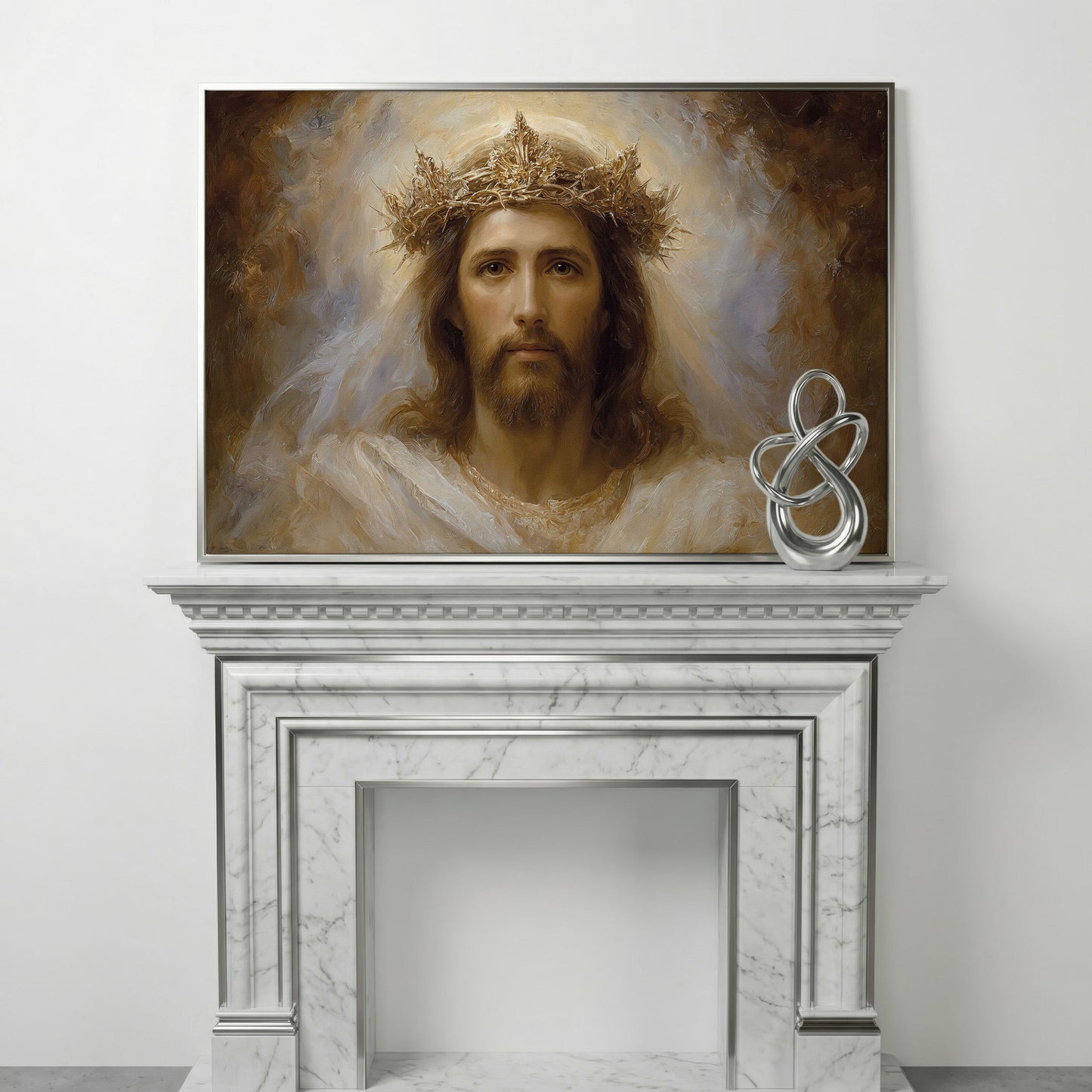 Jesus Christ Crown of Thorns Portrait Canvas Wall Art in silver floating frame