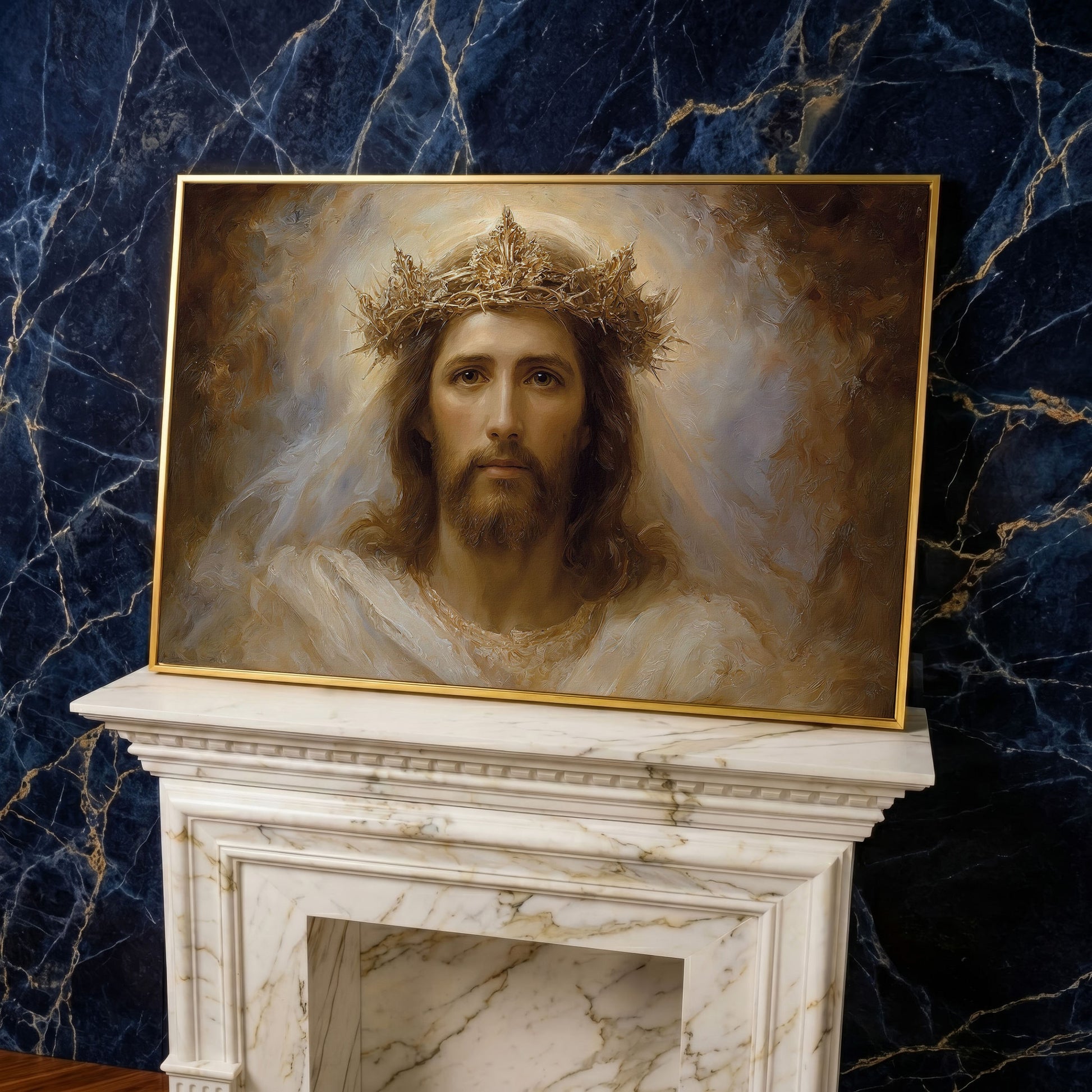 Jesus Christ Crown of Thorns Portrait Canvas Wall Art in yellow gold floating frame