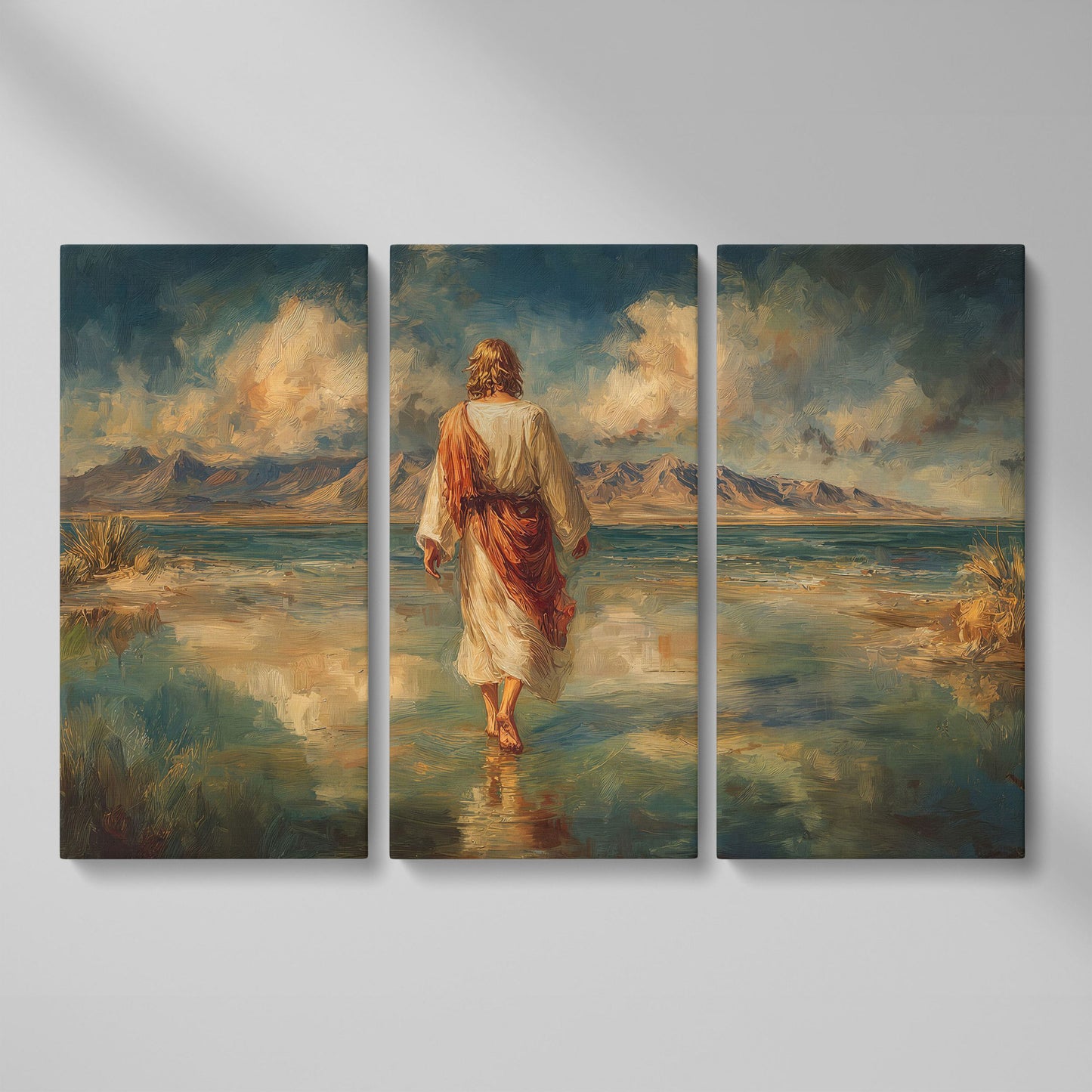 Jesus Walking on Water Canvas Art, Landscape Wall Print as 3-panel split version