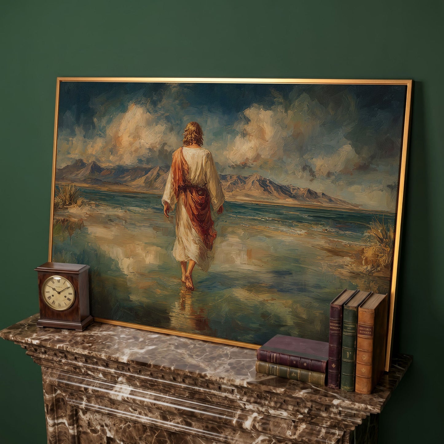 Jesus Walking on Water Canvas Art, Landscape Wall Print in antique gold floating frame