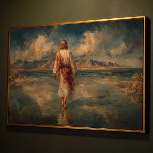 Jesus Walking on Water Canvas Art, Landscape Wall Print shown in antique gold floating frame
