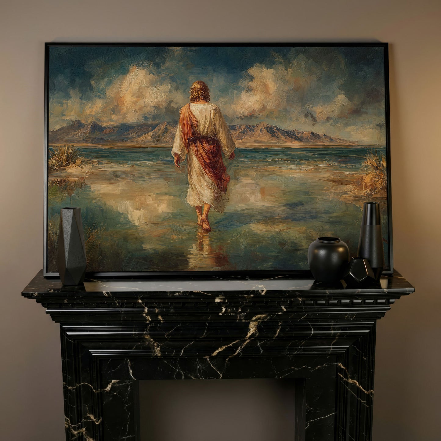 Jesus Walking on Water Canvas Art, Landscape Wall Print in black floating frame