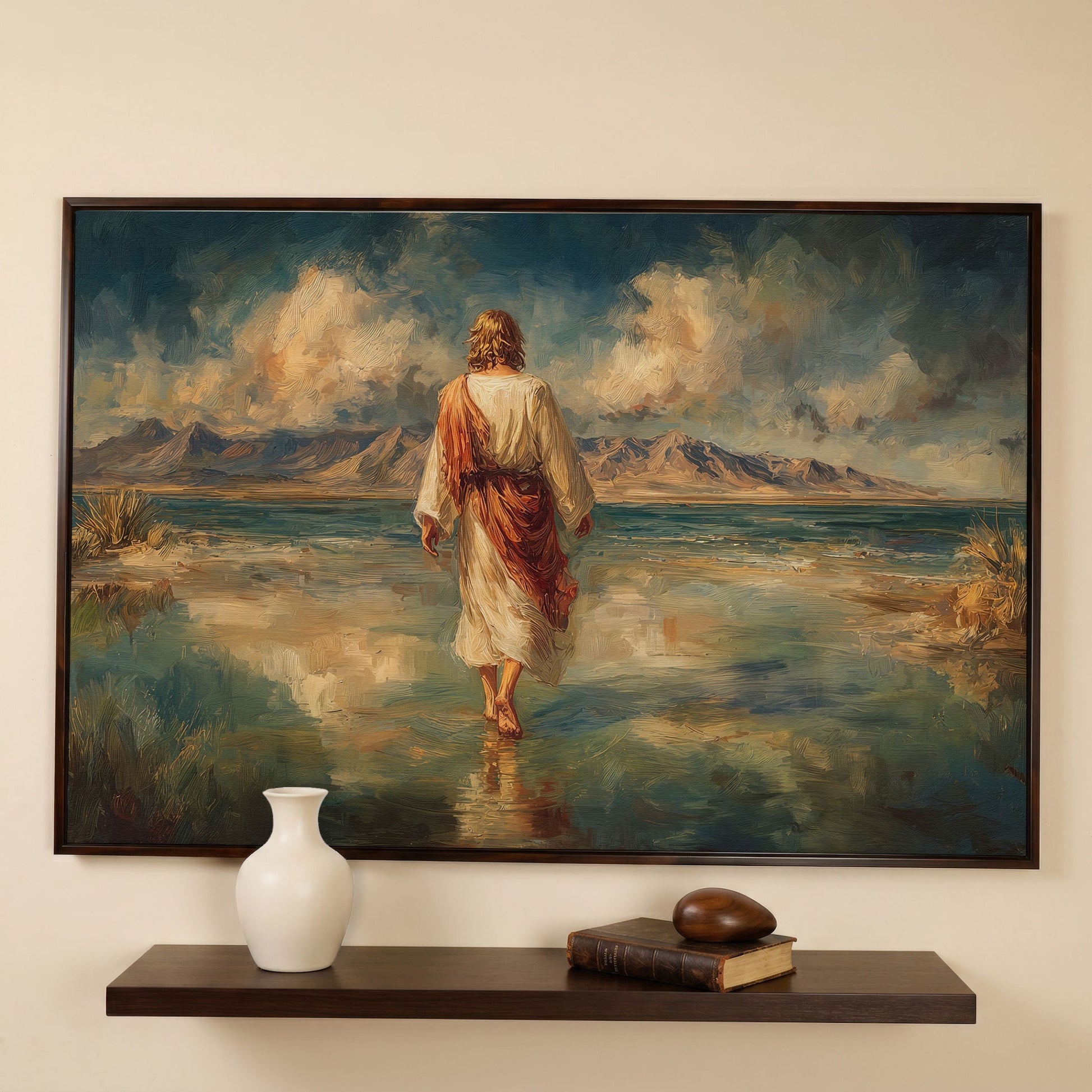 Jesus Walking on Water Canvas Art, Landscape Wall Print in dark walnut floating frame