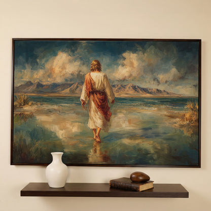 Jesus Walking on Water Canvas Art, Landscape Wall Print in dark walnut floating frame