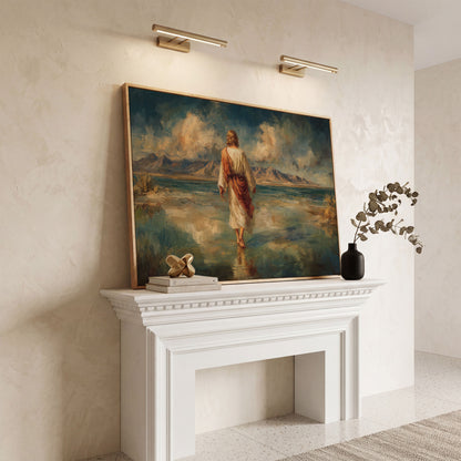 Jesus Walking on Water Canvas Art, Landscape Wall Print in white oak floating frame