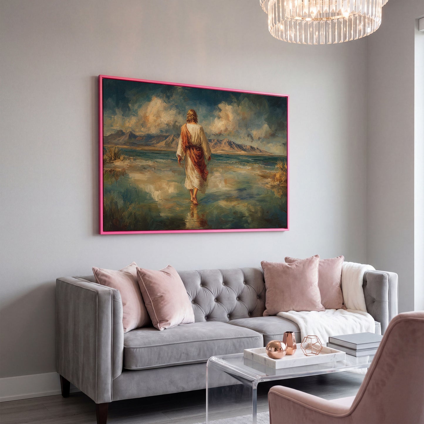 Jesus Walking on Water Canvas Art, Landscape Wall Print in pink floating frame