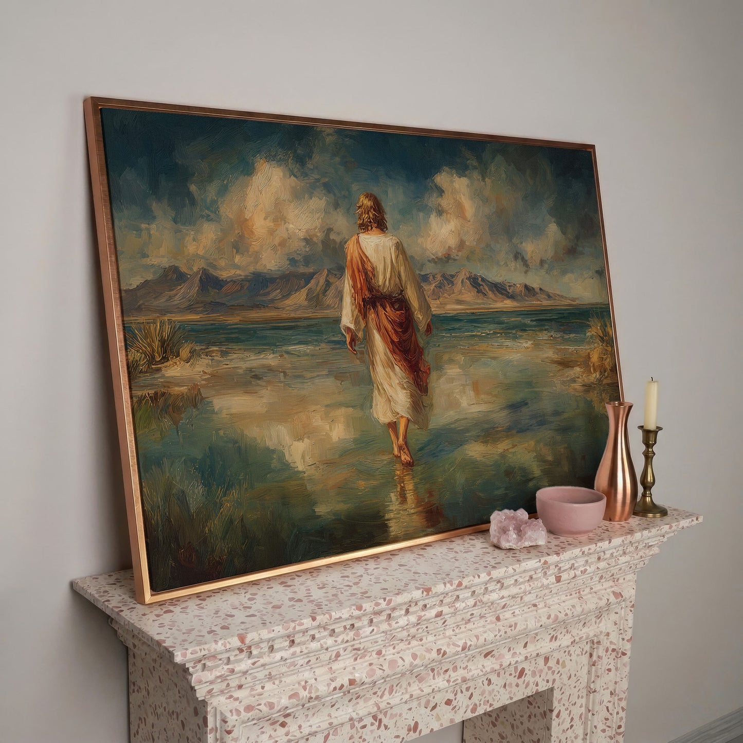 Jesus Walking on Water Canvas Art, Landscape Wall Print in rose gold floating frame