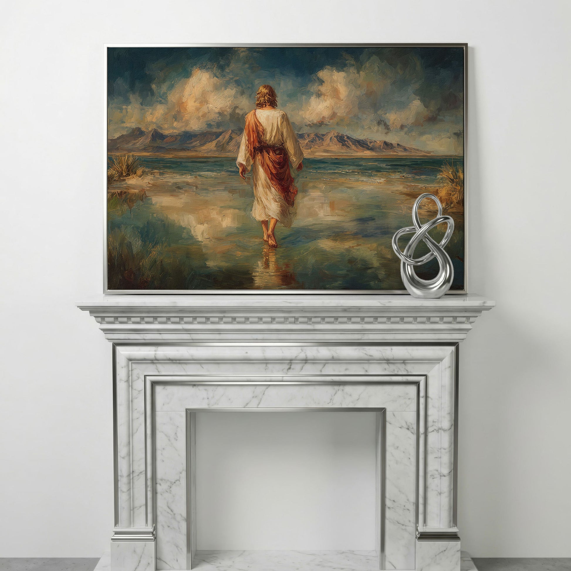 Jesus Walking on Water Canvas Art, Landscape Wall Print in silver floating frame