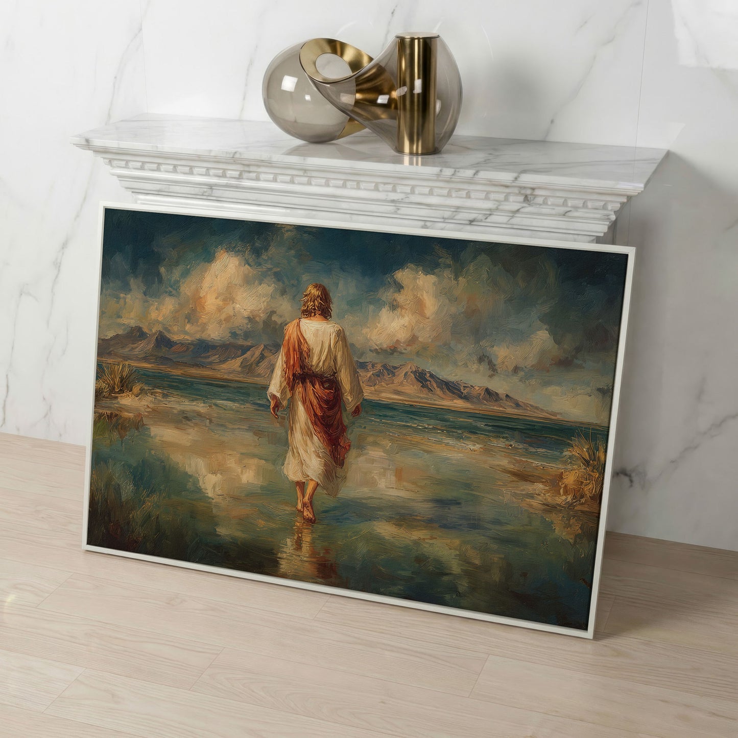 Jesus Walking on Water Canvas Art, Landscape Wall Print in white floating frame
