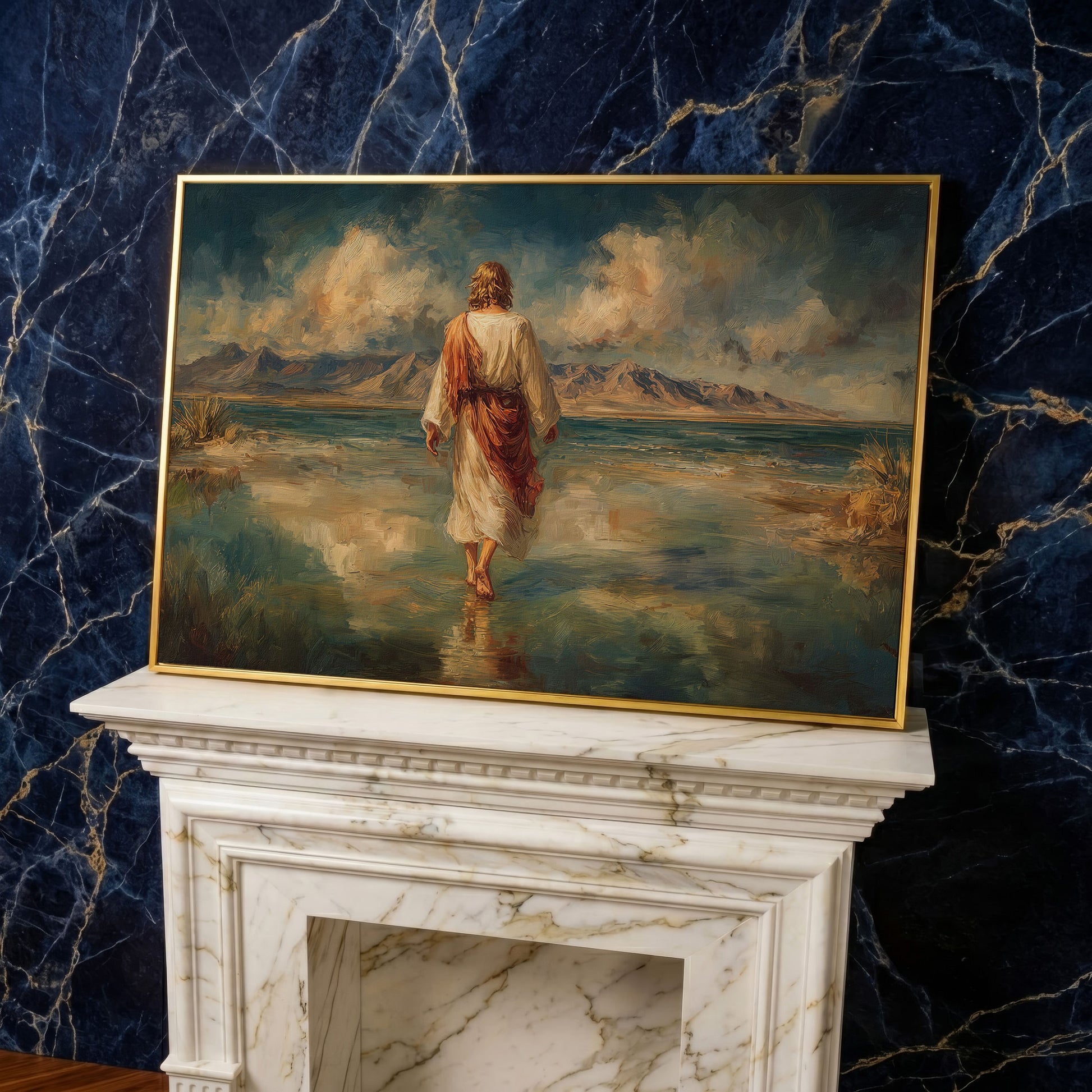 Jesus Walking on Water Canvas Art, Landscape Wall Print in yellow gold floating frame