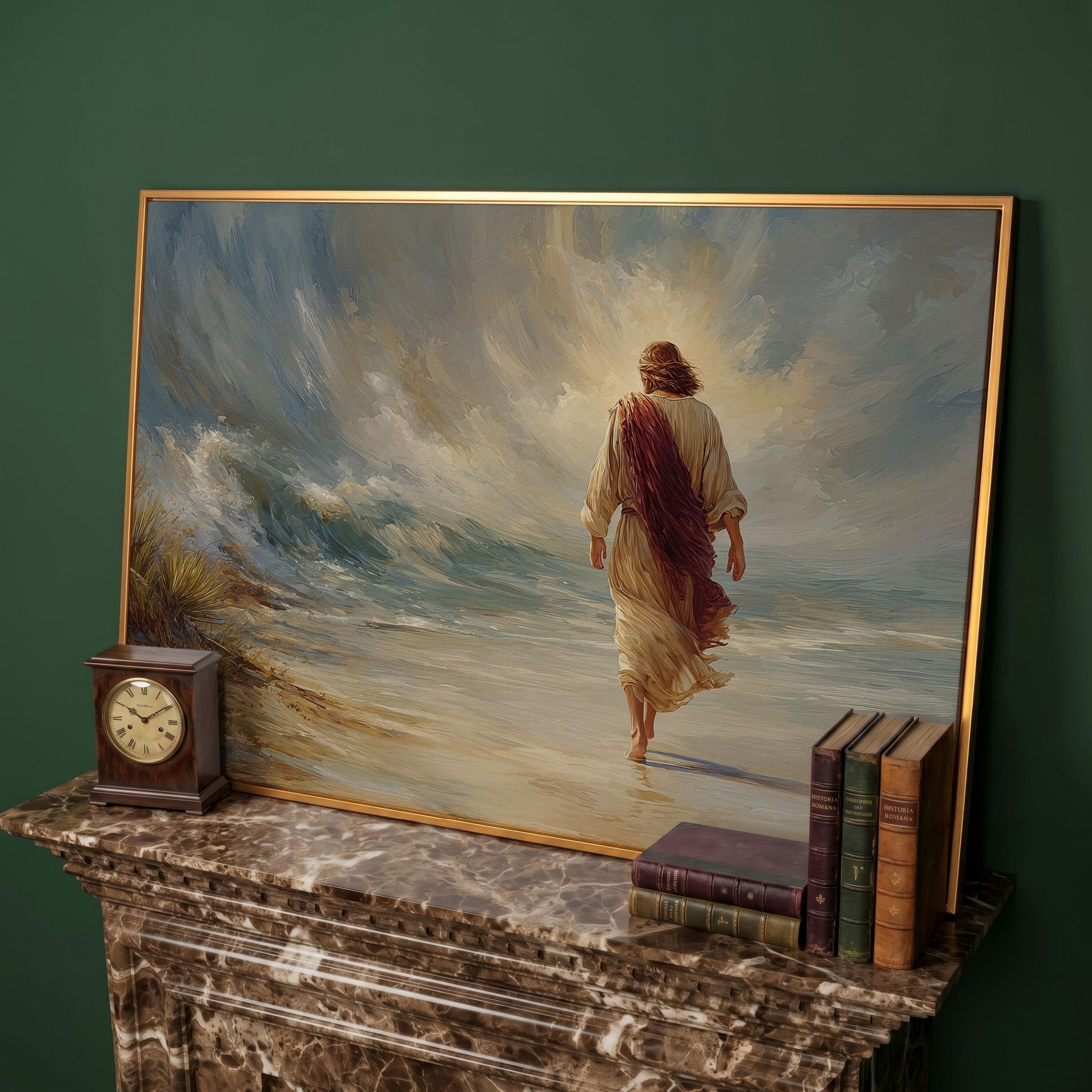 Jesus Walking on the Beach. Coastal Christian Canvas Art in antique gold floating frame